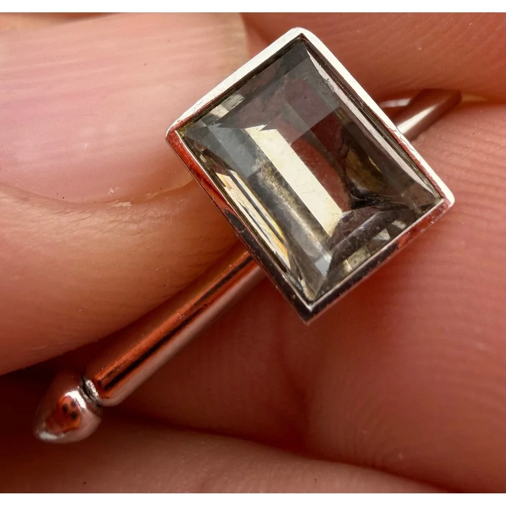 Vintage Silver Tone Smoky Grey Emerald Cut Crystal Fixed Bar Cufflinks Q011